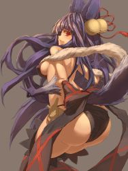 Rule 34 | 1girl, animal ears, ass, bad id, bad pixiv id, bare shoulders, bell, black hair, blush, bow, breasts, covered erect nipples, fox ears, fox tail, from behind, gloves, granblue fantasy, grey background, hair bell, hair ornament, highres, large breasts, long hair, looking at viewer, looking back, osobachan, purple hair, red eyes, red ribbon, ribbon, sideboob, simple background, smile, solo, tail, thighhighs, very long hair, yuel (granblue fantasy)