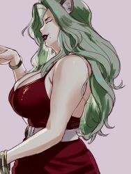 Rule 34 | 1girl, 2021, animal ear fluff, animal ears, artist name, bare shoulders, bracelet, breasts, cat ears, cleavage, dated, dress, closed eyes, from side, highres, jewelry, large breasts, light green hair, long hair, mole, mole under mouth, pine-pine, red dress, red lips, smile, solo, space dandy, yuccoshi