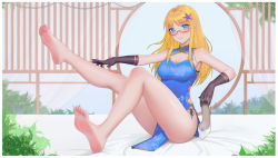 Rule 34 | 1girl, absurdres, armpits, bare legs, bare shoulders, barefoot, blonde hair, blue dress, china dress, chinese clothes, clothes between thighs, dress, elbow gloves, feet, glasses, gloves, hair ornament, high heels, highres, holding, holding shoes, hood (warship girls r), leg up, long hair, looking at viewer, no shoes, qizhu, red-framed eyewear, shoes, unworn shoes, soles, thighs, toes, warship girls r
