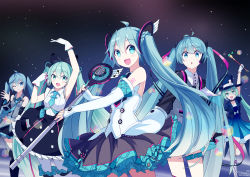 Rule 34 | 5girls, absurdres, ahoge, aqua eyes, aqua hair, arm up, detached sleeves, dress, gloves, hat, hatsune miku, highres, long hair, magical mirai (vocaloid), magical mirai miku, magical mirai miku (2013), magical mirai miku (2014), magical mirai miku (2015), magical mirai miku (2016), magical mirai miku (2017), microphone, multiple girls, musical note, necktie, one eye closed, open mouth, pantyhose, siji (szh5522), skirt, smile, thigh strap, thighhighs, top hat, twintails, very long hair, vocaloid