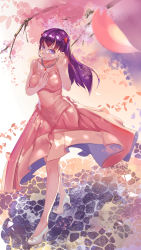 Rule 34 | 1girl, absurdres, ayasakinako~, breasts, cherry blossoms, collarbone, dappled sunlight, dress, fate/stay night, fate (series), female focus, full body, hair ribbon, tucking hair, hand on own chest, high heels, highres, large breasts, long hair, looking at viewer, matou sakura, nako (ayasakinako), open mouth, outdoors, petals, pink dress, purple eyes, purple hair, ribbon, sleeveless, sleeveless dress, solo, sunlight, branch, walking