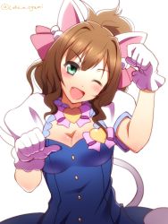 Rule 34 | 10s, 1girl, animal ears, breasts, brown hair, cat ears, cat tail, cleavage, eyebrows, fang, gloves, green eyes, heart, idolmaster, idolmaster cinderella girls, long hair, maekawa miku, medium breasts, one eye closed, ookami maito, open mouth, simple background, solo, star!!, tail, upper body, white background, white gloves