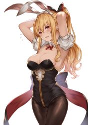 Rule 34 | 10s, 1girl, :d, alternate costume, animal ears, armpits, arms up, bare shoulders, black bow, black leotard, black pantyhose, blush, bow, bowtie, breasts, cleavage, cowboy shot, detached collar, detached sleeves, fake animal ears, flying sweatdrops, granblue fantasy, hair between eyes, hair bow, hairband, hands in hair, head tilt, highres, large breasts, legs together, leotard, lialight, long hair, looking at viewer, open mouth, pantyhose, playboy bunny, ponytail, puffy short sleeves, puffy sleeves, rabbit ears, red bow, red bowtie, red eyes, short sleeves, sidelocks, simple background, smile, solo, standing, strapless, strapless leotard, sweatdrop, vira (granblue fantasy), white background