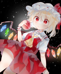 Rule 34 | 1girl, ascot, bat wings, blonde hair, crystal, flandre scarlet, food, fruit, hat, hat ribbon, highres, holding, holding food, holding fruit, mob cap, multicolored wings, night, night sky, one side up, puffy short sleeves, puffy sleeves, ramochi, red eyes, red skirt, red vest, ribbon, short hair, short sleeves, side ponytail, skirt, skirt set, sky, solo, star (sky), starry sky, touhou, vest, white hat, wings, yellow ascot