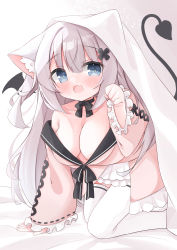 Rule 34 | 1girl, :d, absurdres, animal ears, bad id, bad pixiv id, bare shoulders, bed sheet, black footwear, black wings, blanket, blue eyes, blush, breasts, cat ears, cleavage, collarbone, commentary request, demon tail, detached wings, fang, flower, frilled skirt, frilled sleeves, frills, grey hair, hair between eyes, hair flower, hair ornament, hand up, hanging breasts, highres, long hair, looking at viewer, medium breasts, minato yu (0514), open mouth, original, paw pose, pink shirt, pink skirt, shirt, skirt, sleeves past wrists, smile, solo, tail, thighhighs, two side up, very long hair, white thighhighs, wings