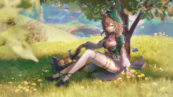 Rule 34 | 1girl, absurdres, arm support, basket, black footwear, blue gemstone, blurry, book, braid, breasts, brown hair, cleavage, day, depth of field, flower, food, fruit, full body, gem, genshin impact, grass, green eyes, green hat, grin, hair flower, hair ornament, hair over shoulder, hat, high heels, highres, holding, holding book, jewelry, landscape, legs, light particles, lisa (a sobriquet under shade) (genshin impact), lisa (genshin impact), long sleeves, looking at viewer, low neckline, medium breasts, medium hair, neck ring, necklace, official alternate costume, outdoors, puffy long sleeves, puffy sleeves, purple flower, scenery, sitting, skirt, smile, so zei tama tama, solo, strappy heels, thighlet, thighs, tree, twin braids, vision (genshin impact), white skirt, yellow flower