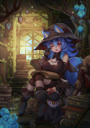 Rule 34 | 1girl, ai gon deroga, animal ear fluff, animal ears, ascot, bag, bare shoulders, bell, blue hair, blush, book, book stack, boots, bow, breasts, cat, chair, collar, commentary request, crying, cube, drill hair, drooling, ears through headwear, elbow gloves, fantasy, gloves, hair flaps, hat, ivy, jingle bell, large breasts, long hair, neck bell, one eye closed, original, red eyes, revision, rubbing eyes, short eyebrows, sitting, sleepy, staff, striped clothes, striped thighhighs, tail, thick eyebrows, thighhighs, tree, window, witch, witch hat, wolf ears, wolf tail