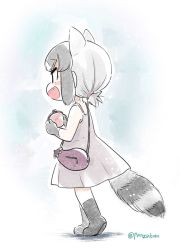 Rule 34 | 1girl, :d, aged down, alternate costume, alternate hairstyle, animal ears, artist name, bag, black gloves, black socks, child, commentary, common raccoon (kemono friends), dress, extra ears, fae (fire emblem), fire emblem, full body, gloves, gn, grey hair, kemono friends, looking away, multicolored hair, nintendo, open mouth, panzuban, raccoon ears, raccoon tail, short hair, short ponytail, sleeveless, sleeveless dress, smile, socks, solo, striped, tail, twitter username, two-tone hair, wallet