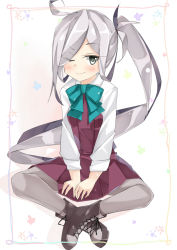 Rule 34 | 10s, 1girl, ;), ahoge, asashimo (kancolle), beritabo, blush, boots, bow, bowtie, cross-laced footwear, dress, grey hair, grey pantyhose, hair over one eye, indian style, kantai collection, lace-up boots, long hair, long sleeves, looking at viewer, multicolored hair, one eye closed, pantyhose, ponytail, school uniform, shirt, sitting, sleeveless, sleeveless dress, smile, solo, v arms, white shirt