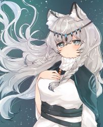 Rule 34 | 1girl, animal ear fluff, animal ears, arknights, bead necklace, beads, black cloak, blue background, blush, braid, breasts, circlet, cloak, closed mouth, commentary, grey eyes, hair between eyes, hand on own chest, highres, jewelry, leopard ears, light particles, long hair, looking at viewer, medium breasts, necklace, pramanix (arknights), side braids, silver hair, simple background, solo, strap, sweater, tomatoritori, twin braids, upper body, white sweater, wind