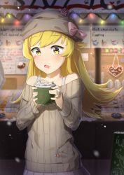 Rule 34 | 1girl, bakemonogatari, blonde hair, blush, blush stickers, bow, collarbone, commentary, cup, english commentary, english text, fang, food, food on face, hat, hat bow, highres, holding, holding cup, hot chocolate, long hair, marshmallow, monogatari (series), off-shoulder, off-shoulder sweater, off shoulder, open mouth, oshino shinobu, pleated skirt, ribbed sweater, sasoura, skirt, solo, steam, sweater, upper body, yellow eyes
