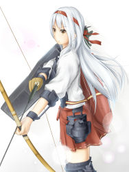 Rule 34 | 10s, 1girl, arrow (projectile), boots, bow, bow (weapon), brown eyes, gloves, hairband, highres, japanese clothes, kantai collection, lingerie (aki3240), long hair, miko, muneate, personification, shoukaku (kancolle), solo, thigh boots, thighhighs, weapon, white hair, white theme