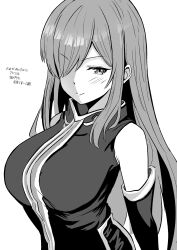 Rule 34 | 1girl, absurdres, blush, breasts, closed mouth, commentary request, detached sleeves, greyscale, hair over one eye, highres, large breasts, looking at viewer, metsu end, monochrome, simple background, smile, solo, tales of (series), tales of the abyss, tear grants, translation request, white background