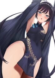 Rule 34 | 1girl, absurdres, amane sora, armpits, arms up, black dress, black hair, blue archive, breasts, china dress, chinese clothes, coat, commentary request, covered navel, dragon print, dress, from below, grey coat, grey eyes, hair bun, halo, highres, kisaki (blue archive), long hair, long sleeves, looking at viewer, looking down, open mouth, pelvic curtain, print dress, sidelocks, simple background, sleeveless, sleeveless dress, small breasts, solo, striped, striped coat, thighs, twintails, vertical-striped coat, white background