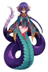 Rule 34 | 1girl, animal hands, bare shoulders, basilisk (monster girl encyclopedia), blindfold, braid, breasts, expressionless, facing viewer, feathers, full body, highres, jewelry, kenkou cross, lamia, large breasts, long hair, mask, monster girl, monster girl encyclopedia, monster girl encyclopedia ii, navel, official art, pointy ears, purple hair, simple background, single braid, solo, underboob, very long hair, white background