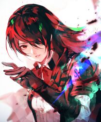 Rule 34 | 1girl, black gloves, elbow gloves, eyelashes, gekkoukan high school uniform, gloves, hair over one eye, hand up, kirijou mitsuru, long hair, looking at viewer, lor (roasyerizyonirapi), magic, parted lips, persona, persona 3, red eyes, red hair, s.e.e.s, school uniform, solo, upper body, white background
