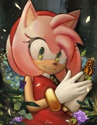 Rule 34 | 1girl, amy rose, animal ears, animal nose, artist name, bare shoulders, blue flower, bracelet, bug, butterfly, butterfly wings, closed mouth, commentary, daelynz, dress, english commentary, eyelashes, flower, flying, furry, furry female, gloves, gold bracelet, green eyes, hairband, hands up, hedgehog ears, hedgehog girl, highres, insect, insect wings, jewelry, leaf, looking at viewer, orange butterfly, outdoors, own hands together, petals, pink fur, purple butterfly, purple flower, red dress, red hairband, sleeveless, sleeveless dress, smile, solo, sonic (series), standing, turtleneck, turtleneck dress, white gloves, wings