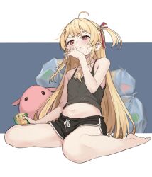 Rule 34 | 1girl, absurdres, ahoge, barefoot, black camisole, black shorts, blonde hair, camisole, fluf.p, fortissimo, hair ornament, highres, holding snack, hololive, hololive dev is, long hair, midriff, musical note, musical note hair ornament, navel, otonose kanade, red eyes, shorts, sweat, trash bag, virtual youtuber