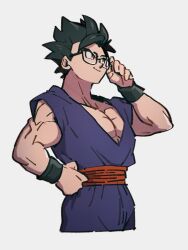 Rule 34 | 1boy, black hair, closed mouth, collarbone, dragon ball, dragon ball super, dragon ball super super hero, glasses, grey background, kemachiku, looking away, male focus, muscular, muscular male, short hair, simple background, smile, solo, son gohan