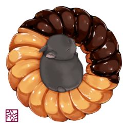 Rule 34 | chocolate, closed eyes, doughnut, food, food focus, from above, lilac (p-f easy), lowres, no humans, original, rabbit, simple background, solo, white background