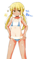 Rule 34 | &gt;:), 10s, 1girl, bikini, bikini tan, blonde hair, blush, double tanline, flat chest, hands on own hips, kantai collection, long hair, looking at viewer, micro bikini, one-piece tan, satsuki (kancolle), simple background, smile, solo, standing, sugiura, swimsuit, tan, tanline, translation request, twintails, v-shaped eyebrows, white background, yellow eyes