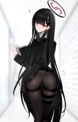 Rule 34 | 1girl, absurdres, ass, black hair, black pantyhose, blue archive, from behind, glacier 68a, hair ornament, hairpin, halo, highres, holding, holding tablet pc, long hair, looking at viewer, no pants, pantyhose, red eyes, rio (blue archive), solo, tablet pc