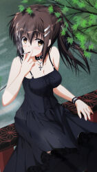 Rule 34 | 1girl, absurdres, arm at side, bare shoulders, belt collar, black dress, black thighhighs, blurry, blush, breasts, bridge, brown eyes, brown hair, cigarette, cleavage, collar, collarbone, commentary, commentary request, cross, cross necklace, day, depth of field, dress, earrings, english commentary, eyes visible through hair, feet out of frame, floating hair, floral print, floral print dress, hair between eyes, hair ornament, hairclip, hand up, highres, holding, holding cigarette, jewelry, large breasts, leaf, long dress, long hair, looking at viewer, minakami yuki, mixed-language commentary, necklace, outdoors, ponytail, print dress, railing, sitting, sleeveless, sleeveless dress, smoke, smoking, solo, stud earrings, subarashiki hibi, thighhighs, upturned eyes, v, water, zindaizi-jindaiji