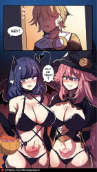 Rule 34 | 1boy, 2girls, ^^^, aether (genshin impact), bat wings, blush, breasts, capelet, cleavage, commentary, demon costume, demon girl, elbow gloves, english commentary, english text, genshin impact, gloves, grin, halloween, halloween bucket, halloween costume, hat, heart, highres, hinghoi, large breasts, long hair, looking at viewer, medium hair, mole, mole under eye, multiple girls, open mouth, pink hair, pointy ears, pubic tattoo, purple hair, raiden shogun, shared speech bubble, sideboob, smile, speech bubble, tattoo, trick or treat, wings, witch, witch hat, yae miko