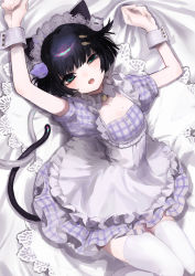 Rule 34 | 1girl, absurdres, animal ears, arms up, black hair, blunt bangs, blush, breasts, cat ears, cat tail, cuffs, dress, fang, green eyes, highres, huge filesize, maid, mole, mole on breast, mole under mouth, open mouth, original, plaid, plaid dress, short hair, shou (hanasakukoroni), solo, tail, thighhighs, white thighhighs