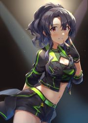 Rule 34 | absurdres, arm behind back, black background, black gloves, black hair, black jacket, black shorts, blush, breasts, brown eyes, cleavage cutout, clothing cutout, commentary request, fingerless gloves, gloves, green shirt, grin, hand up, highres, idolmaster, idolmaster million live!, idolmaster million live! theater days, jacket, light, long hair, looking at viewer, medium breasts, midriff, navel, official alternate costume, official alternate hairstyle, open clothes, open jacket, ponytail, shirt, short shorts, shorts, shuucream (syuichi), smile, solo, takayama sayoko, thighs, v