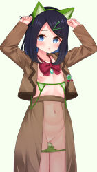 Rule 34 | 1girl, animal ears, arms up, bikini, bikini bottom pull, bikini top pull, black hair, blazer, blue eyes, blue hair, blush, bow, bowtie, breasts, brown blazer, brown skirt, cat ears, clothes pull, collarbone, cowboy shot, creatures (company), cropped blazer, dot nose, embarrassed, expressionless, eyebrows, eyelashes, fake animal ears, female focus, frontless skirt, game freak, green background, green bikini, high-waist skirt, highres, jacket, legs together, liko (pokemon), long skirt, looking at viewer, medium hair, multicolored hair, navel, nintendo, nipples, open clothes, open jacket, parted lips, paw pose, petite, pokemon, pokemon (anime), pokemon horizons, red bow, red bowtie, revealing clothes, shipua (the worst night ever), simple background, skirt, small breasts, solo, swimsuit, two-tone hair, uncensored