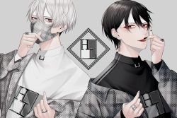 Rule 34 | 2boys, black hair, copyright request, ear piercing, finger heart, grey background, grey eyes, highres, jewelry, long sleeves, looking at viewer, matching outfits, multiple boys, nail polish, obisn, open mouth, original, piercing, red eyes, ring, short hair, turtleneck, white hair