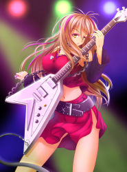 Rule 34 | 1girl, :o, alternate costume, aru tia, bad id, bad pixiv id, bare shoulders, belt, breasts, brown hair, chain, covered erect nipples, detached sleeves, electric guitar, eyeshadow, fingernails, gibson, gibson flying v, guitar, highres, instrument, jewelry, k-on!, large breasts, lipstick, long fingernails, long hair, makeup, midriff, multicolored hair, nail, nail polish, navel, necklace, parted lips, pink nails, plectrum, side slit, skirt, skull, solo, wind, wind lift, yamanaka sawako, yellow eyes