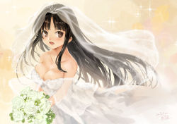 Rule 34 | 1girl, alternate costume, bare shoulders, black hair, blush, bouquet, breasts, bridal veil, brown eyes, cleavage, dress, flower, kantai collection, long hair, looking at viewer, medium breasts, multicolored background, open mouth, shouhou (kancolle), solo, toka (marchlizard), veil, wedding, wedding dress, white dress, white flower