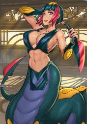 Rule 34 | 1girl, abs, absurdres, arm up, black hair, blue nails, bob cut, breasts, creatures (company), game freak, gauntlets, gen 3 pokemon, highres, indoors, lamia, large breasts, loincloth, monster girl, multicolored hair, nail polish, navel, ninja, nintendo, no bra, no panties, personification, pokemon, red eyes, red hair, redjet, reverse grip, seviper, short hair, smile, solo, streaked hair, weapon