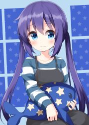 1girl apron black_apron blue_background blue_eyes blue_shirt blush closed_mouth collarbone commentary_request highres holding holding_stuffed_toy koisuru_asteroid long_hair long_sleeves looking_at_viewer manaka_ao purple_hair ruu_(tksymkw) shirt smile solo star_(symbol) star_symbol_background striped_clothes striped_shirt stuffed_animal stuffed_shark stuffed_toy twintails upper_body white_shirt