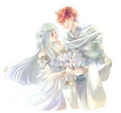 Rule 34 | 1boy, 1girl, blue dress, blue hair, bouquet, closed eyes, dress, eliwood (fire emblem), fire emblem, fire emblem: the blazing blade, flower, hair flower, hair ornament, hand on another&#039;s chin, kuzumosu, light blue hair, long hair, looking at another, ninian (fire emblem), nintendo, official alternate costume, red eyes, red hair, robe, smile, white background, white flower, white robe