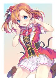 Rule 34 | 10s, 1girl, bad id, bad pixiv id, blue eyes, blush, bokura no live kimi to no life, boots, bow, braid, brown hair, crying, crying with eyes open, flower, hair bow, hair flower, hair ornament, hair ribbon, knee boots, kneehighs, kosaka honoka, love live!, love live! school idol project, natsu natsuna, one side up, open mouth, ribbon, side braid, skirt, socks, solo, tears, wavy mouth