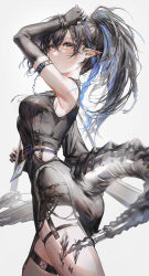 Rule 34 | 1girl, absurdres, akqne, arknights, ass, bare shoulders, black dress, black gloves, black hair, blacknight (arknights), blue hair, brown eyes, cowboy shot, dress, elbow gloves, gloves, grey background, hair between eyes, highres, infection monitor (arknights), long hair, looking at viewer, material growth, multicolored hair, oripathy lesion (arknights), pointy ears, ponytail, simple background, solo, standing, streaked hair, tail, thighs