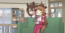 Rule 34 | &gt; &lt;, 1koma, 3girls, :&gt;, ahoge, animal ears, binder, blue bow, bow, brown hair, cabinet, chair, closed eyes, comic, couch, domino mask, ear bow, ear ornament, ear scrunchie, el condor pasa (umamusume), folding chair, grass wonder (umamusume), grey hair, hair between eyes, hairband, half updo, hammer, hamu koutarou, highres, holding, holding hammer, holding shoes, horse ears, horse girl, horse tail, indoors, light brown hair, long hair, mask, motion lines, multicolored hair, multiple girls, oguri cap (umamusume), open mouth, red bow, red footwear, red track suit, shelf, shoes, unworn shoes, sidelocks, silent comic, sliding doors, sneakers, striped, striped bow, table, tail, toolbox, two-tone hair, umamusume, white hair, yellow hairband