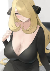 Rule 34 | black dress, blonde hair, breasts, cleavage, closed mouth, collarbone, commentary request, creatures (company), cynthia (pokemon), dress, fingernails, game freak, grey eyes, hair ornament, hair over one eye, ikuchan kaoru, large breasts, long hair, long sleeves, looking at viewer, nintendo, pokemon, pokemon dppt, revision, smile, solo