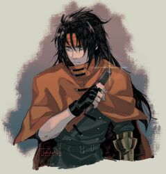 Rule 34 | 1boy, belt, black gloves, black hair, black jacket, black pants, cape, cloak, closed mouth, commentary, cropped torso, english commentary, final fantasy, final fantasy vii, fingerless gloves, gauntlets, glint, gloves, gun, hair between eyes, headband, highres, holding, holding gun, holding weapon, jacket, long hair, looking to the side, male focus, multiple belts, pants, red cape, red cloak, red eyes, red headband, serious, signature, single gauntlet, solo, tirtyturtle, upper body, vincent valentine, weapon