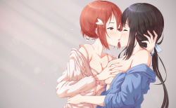 Rule 34 | 2girls, absurdres, bare shoulders, black hair, blush, bow, bra, grabbing another&#039;s breast, breasts, collarbone, deep skin, closed eyes, french kiss, grabbing, hair between eyes, hair bow, hand on another&#039;s head, heart, highres, itaro, kiss, large breasts, long hair, low ponytail, medium breasts, multiple girls, off shoulder, open clothes, profile, red eyes, red hair, strap slip, striped, striped bow, tougou mimori, underwear, upper body, yuri, yuuki yuuna, yuuki yuuna wa yuusha de aru, yuusha de aru