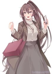 Rule 34 | 1girl, bag, brown coat, brown eyes, brown hair, cellphone, closed eyes, coat, commentary request, feet out of frame, highres, kantai collection, kukimaru, open mouth, phone, plaid, plaid coat, shopping bag, smartphone, smile, solo, sweater, teeth, translation request, upper teeth only, white sweater, yamato (kancolle)