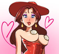 Rule 34 | 1girl, bare shoulders, blue eyes, blush, breasts, brown hair, donkey kong (series), dress, drooling, earrings, eyelashes, eyeshadow, fedora, gold earrings, gradient background, hat, heart, heart-shaped pupils, highres, jewelry, large breasts, lips, lipstick, long hair, looking at viewer, makeup, mario (series), nintendo, no bra, nose, nostrils, open mouth, pasties, pauline (mario), pink background, purple eyeshadow, red dress, red hat, red lips, saliva, solo, sparkle, strapless, strapless dress, sunbeam (artist), super mario odyssey, symbol-shaped pupils, thick eyebrows, tongue, tongue out, upper body, white background
