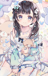 Rule 34 | 1girl, bear hair ornament, black hair, blue eyes, blue jacket, blue skirt, blurry, blurry foreground, blush, bow, bow earrings, breasts, camisole, closed mouth, collarbone, commentary request, depth of field, earrings, flower, hair flower, hair ornament, hair over shoulder, hairclip, highres, hugging object, jacket, jewelry, long hair, long sleeves, looking at viewer, low twintails, off shoulder, open clothes, open jacket, original, pennant, plaid, plaid skirt, pleated skirt, puffy long sleeves, puffy sleeves, sencha (senta 10), skirt, sleeves past wrists, small breasts, smile, solo, string of flags, stuffed animal, stuffed toy, teddy bear, twintails, white camisole, white flower