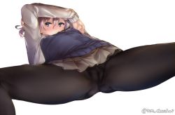 Rule 34 | 1girl, black pantyhose, blue eyes, blush, closed mouth, hair between eyes, jacket, juurouta, kantai collection, long sleeves, looking at viewer, lying, on back, pantyhose, pink hair, pleated skirt, shiranui (kancolle), shiranui kai ni (kancolle), shirt, simple background, skirt, solo, spread legs, twitter username, white background, white jacket, white shirt