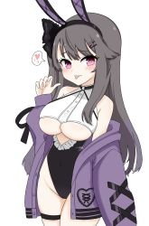 Rule 34 | 1girl, :p, animal ears, arm at side, azur lane, bare shoulders, black hairband, black leotard, blush, bow, breasts, brown hair, choker, clothing cutout, covered navel, cowboy shot, cutout above navel, dot nose, eyes visible through hair, fake animal ears, fellatio gesture, frilled leotard, frills, groin, hair bow, hair flaps, hair ornament, hair over shoulder, hairband, hairclip, hand up, heart, highleg, highleg leotard, highres, jacket, jacket partially removed, large breasts, leotard, light purple hair, light smile, long hair, long sleeves, looking at viewer, looking to the side, multicolored hair, navel, off shoulder, oha (oha h22), open clothes, open jacket, pamiat merkuria (azur lane), parted bangs, pink eyes, playboy bunny, puffy long sleeves, puffy sleeves, purple eyes, purple jacket, rabbit ears, raised eyebrows, sidelocks, sideways glance, simple background, skindentation, solo, speech bubble, spoken heart, standing, streaked hair, swept bangs, thigh strap, tongue, tongue out, tsurime, two-tone hair, underboob, underboob cutout, white background