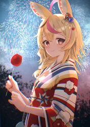 Rule 34 | 1girl, animal ears, blonde hair, candy, fireworks, food, fox ears, fox girl, from side, hair between eyes, highres, holding, holding candy, holding food, hololive, japanese clothes, katuko deluxe, kimono, long hair, multicolored hair, omaru polka, pink hair, purple eyes, smile, solo, streaked hair, upper body, virtual youtuber, yukata