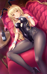 Rule 34 | 1girl, alcohol, animal ears, bare shoulders, black bow, black footwear, black hairband, black leotard, black pantyhose, blonde hair, blush, bottle, bow, bowtie, breasts, cleavage, couch, covered navel, cup, detached collar, drinking glass, fake animal ears, feet out of frame, hairband, hand on own chest, high heels, highres, indoors, large breasts, leotard, long hair, looking at viewer, lying, on couch, on side, original, pantyhose, parted lips, pillow, playboy bunny, rabbit ears, solo, strapless, strapless leotard, table, umitonakai, very long hair, wine, wine bottle, wine glass, wrist cuffs, yellow eyes